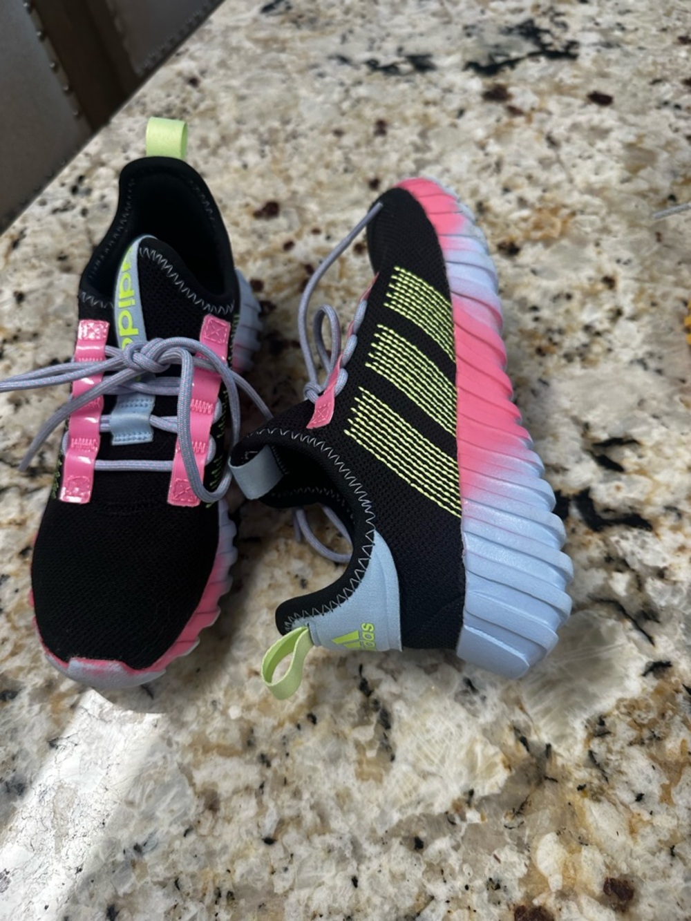 Kids Adidas Athletic Sneakers - Black with Pink & Neon Yellow Accents